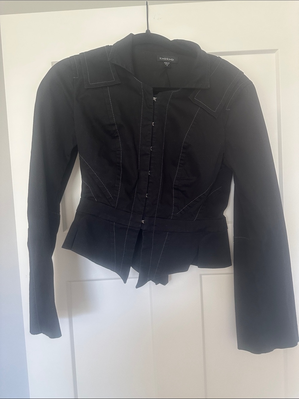 bebe Black Peplum Fitted Blazer with Contrast Topstitching